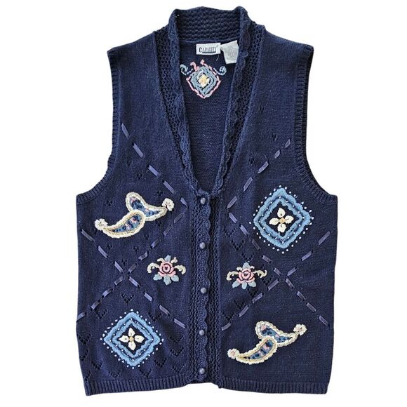 VTG Dark Blue Knit Vest Women's L Embroidered Ribbon Grandma Core Cottagecore - Picture 1 of 6
